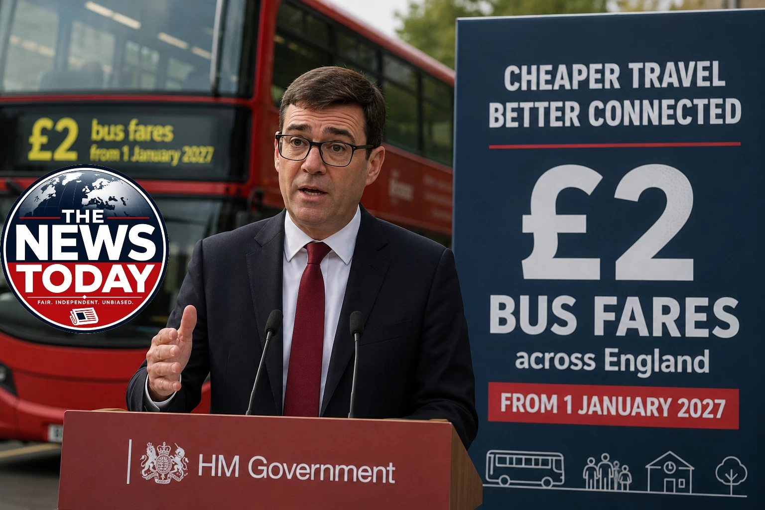 Prime Minister Andy Burnham announcing a new £2 bus fare cap at a press event, with a red bus in the background, as part of the government's latest cost of living measures across England.