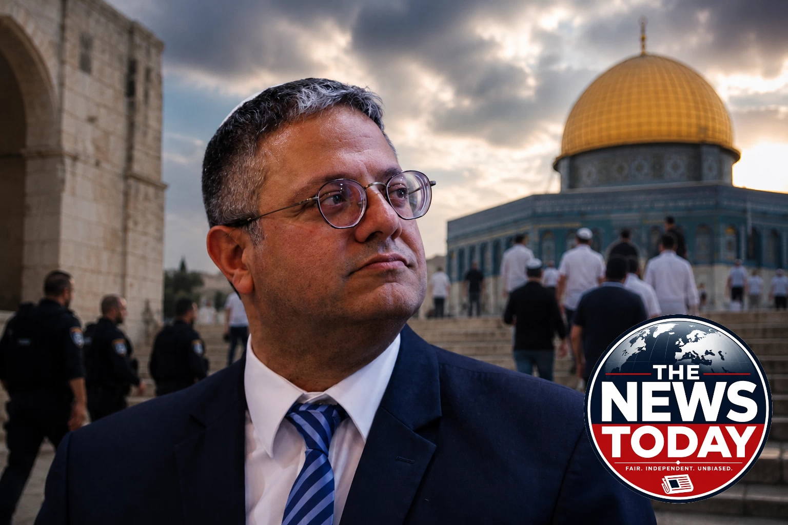 Israeli National Security Minister Itamar Ben-Gvir with the Dome of the Rock in Jerusalem following his visit to the Temple Mount/Al-Aqsa compound amid heightened regional tensions.