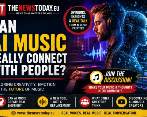 Editorial illustration showing a human music creator and an AI figure producing music together, representing the debate over whether AI-generated music can create genuine emotional connections with listeners.