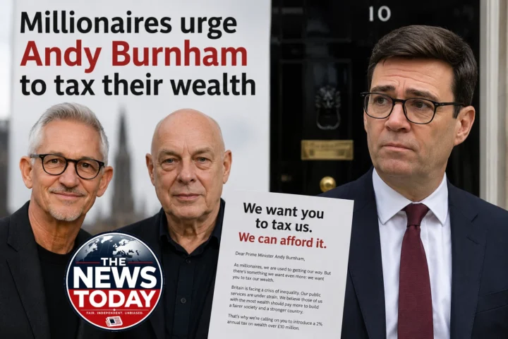 Illustration showing Prime Minister Andy Burnham alongside Gary Lineker and Brian Eno after wealthy campaigners urged the government to introduce higher taxes on Britain's richest people.