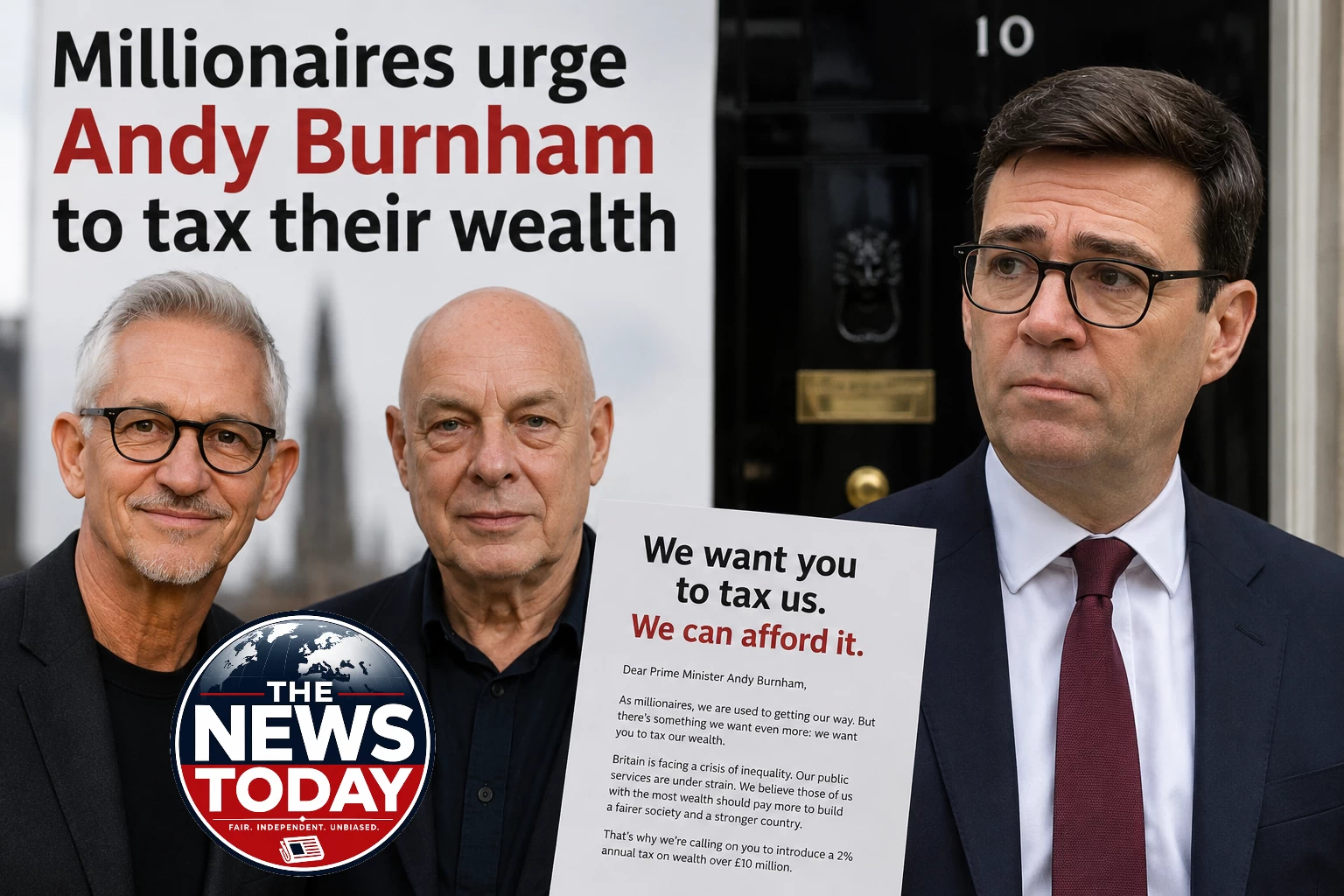Illustration showing Prime Minister Andy Burnham alongside Gary Lineker and Brian Eno after wealthy campaigners urged the government to introduce higher taxes on Britain's richest people.