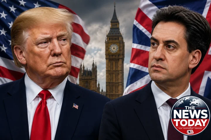 Donald Trump and Ed Miliband face one another against the American and British flags with the Palace of Westminster and Big Ben in the background, illustrating reports of tensions over Miliband's appointment as UK Foreign Secretary and the potential impact on UK-US relations.