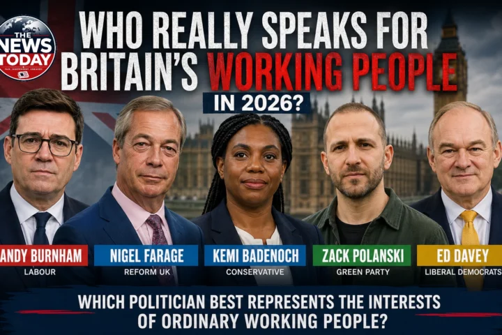 "Editorial illustration featuring Andy Burnham, Nigel Farage, Kemi Badenoch, Zack Polanski and Ed Davey asking who best represents Britain's working people in 2026 against a backdrop of the Houses of Parliament."