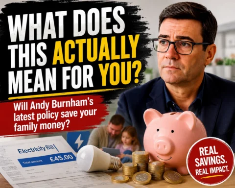 Andy Burnham with household bills, savings and family finance imagery illustrating the potential impact of his latest cost-of-living policy on UK household budgets.