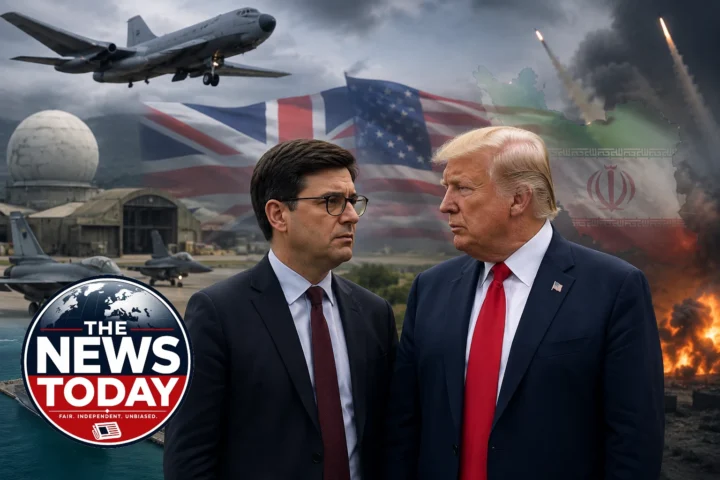 Andy Burnham and Donald Trump pictured with US and UK military aircraft, an airbase and explosions representing the Iran conflict.