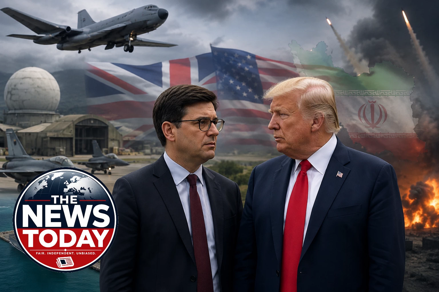Andy Burnham and Donald Trump pictured with US and UK military aircraft, an airbase and explosions representing the Iran conflict.