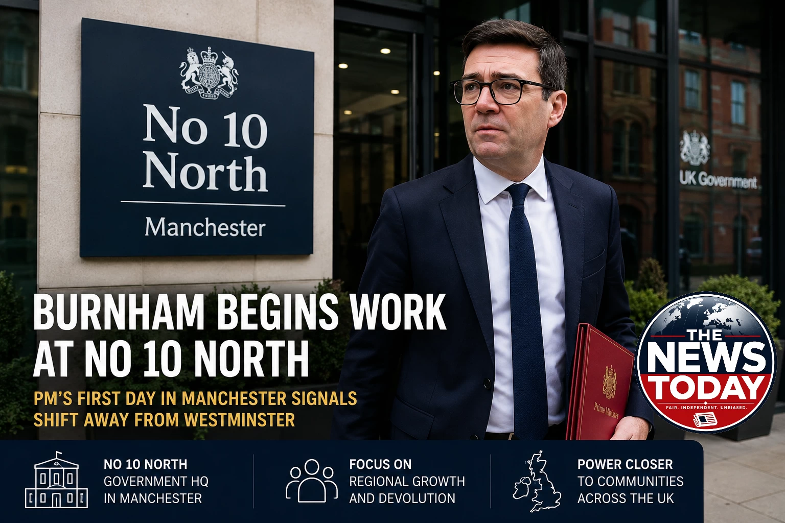 Prime Minister Andy Burnham arriving at No 10 North in Manchester on the first day of working from the government's new northern headquarters.