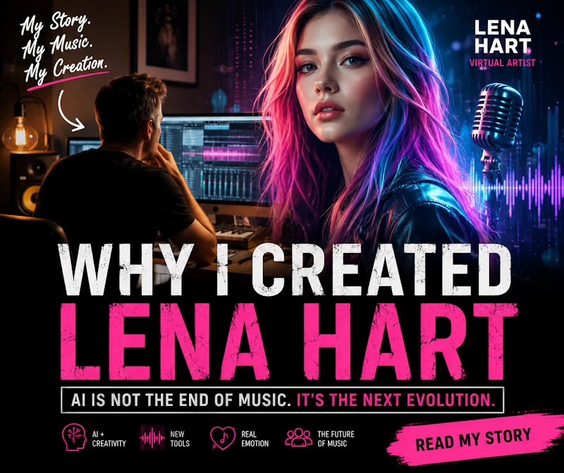 Lena Hart, the virtual music artist, in a dramatic concert-style setting representing the fusion of human creativity and AI technology in the evolution of modern music.