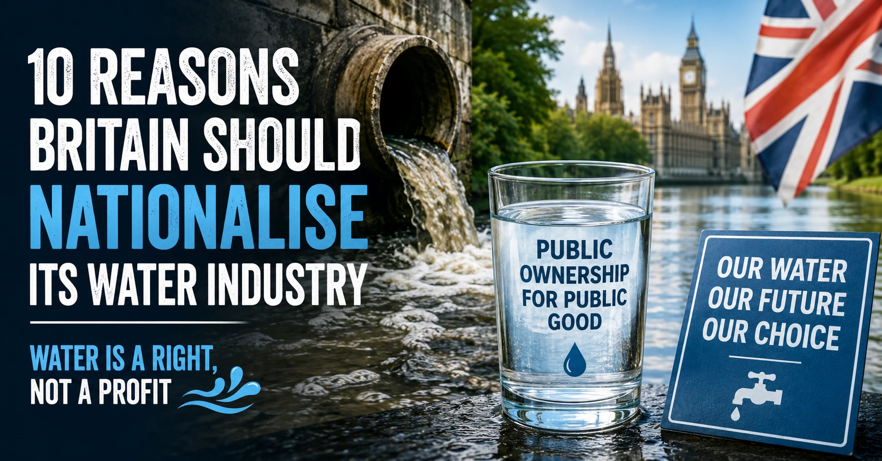 Sewage flowing into a UK river beside the Houses of Parliament illustrating the case for nationalising Britain's water industry.