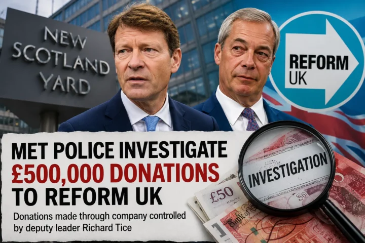 Richard Tice and Nigel Farage shown in a news-style illustration alongside New Scotland Yard and the Reform UK logo, symbolising the Metropolitan Police investigation into £500,000 in political donations ahead of the 2024 general election.