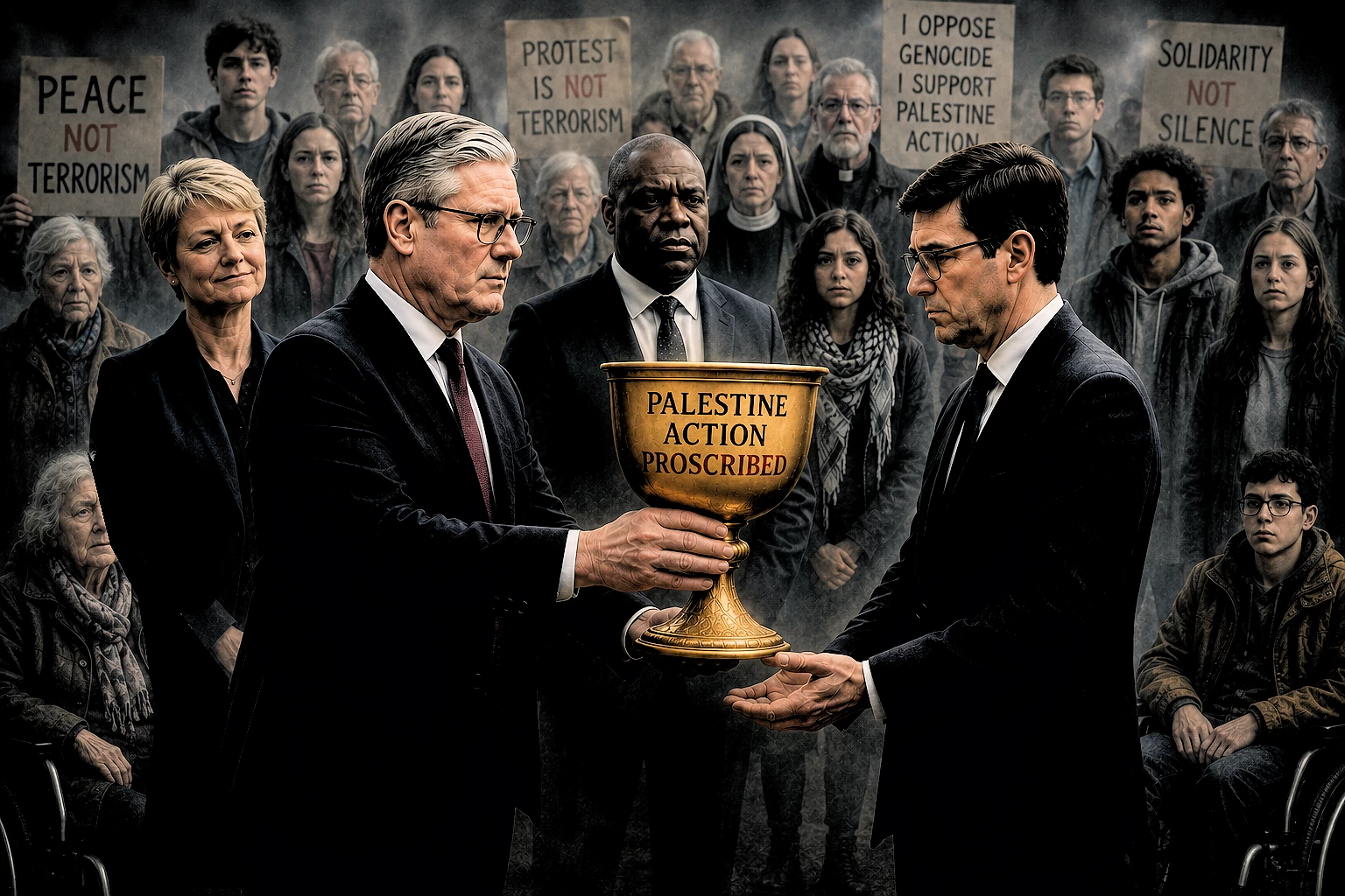 Editorial illustration showing Keir Starmer handing Andy Burnham a chalice labelled "Palestine Action Proscribed", with Yvette Cooper and David Lammy standing behind him and a faded crowd of protesters, clergy, elderly people and wheelchair users in the background.