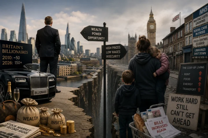 Editorial illustration showing the widening wealth gap in Britain, with wealthy elites contrasted against working families facing rising living costs and declining public services.