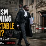 Editorial image of a Black barrister outside a British court illustrating concerns about racism and racial assumptions in modern Britain.