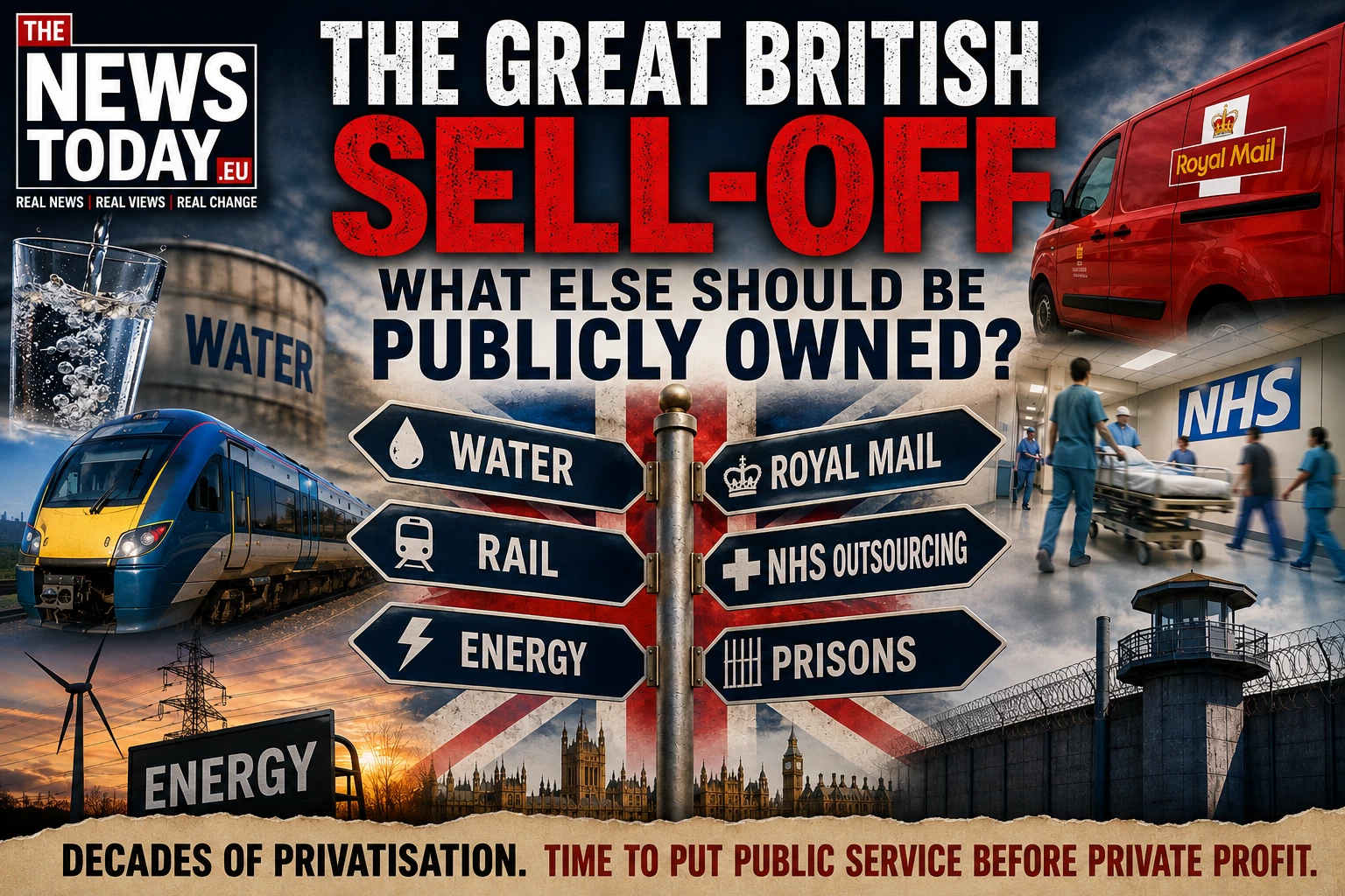 The Great British Sell-Off showing water, rail, energy, Royal Mail, NHS services and prisons in the UK public ownership debate.
